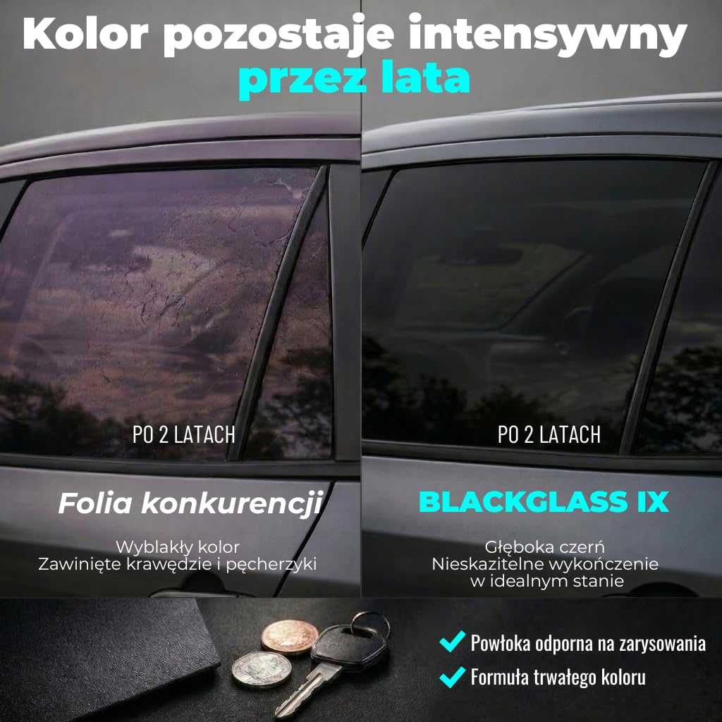 Folia przyciemniana do szyb samochodowych BLACKGLASS IX – profesjonalna jakość, do vanów i innych pojazdów (70% przepuszczalności światła, 6 m × 65 cm, 2-warstwowa, Light Smoke) z instrukcją montażu
