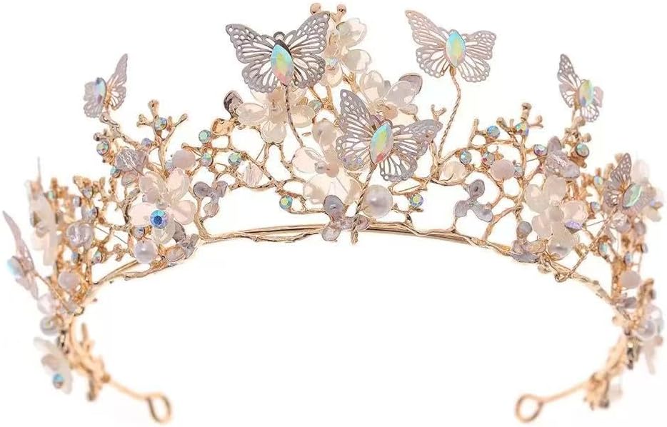 Luxury Crystal Beads Pearl Butterfly Costume Jewelry Sets Floral Rhinestone Choker Necklace Earrings Tiara Wedding Jewelry Set (3Pcs Jewelry Set)