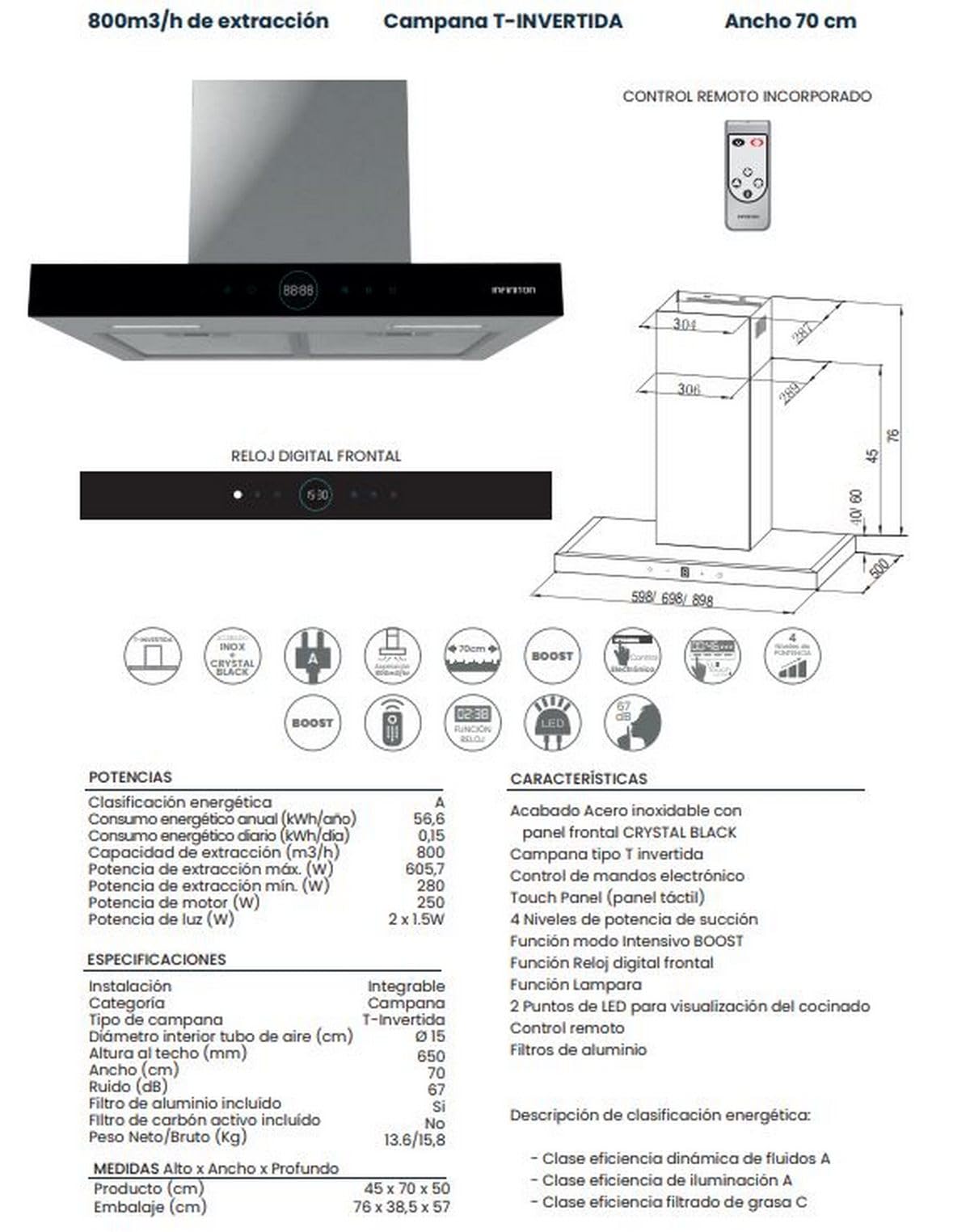 INFINITON Campana Extractora CMPT-A70I, 800 m3/h, Diseño en T-INVERTIDA, 4 Niveles de potencia, Ancho de 70 cm, Reloj digital frontal, A, Control Remoto, CRYSTAL BLACK