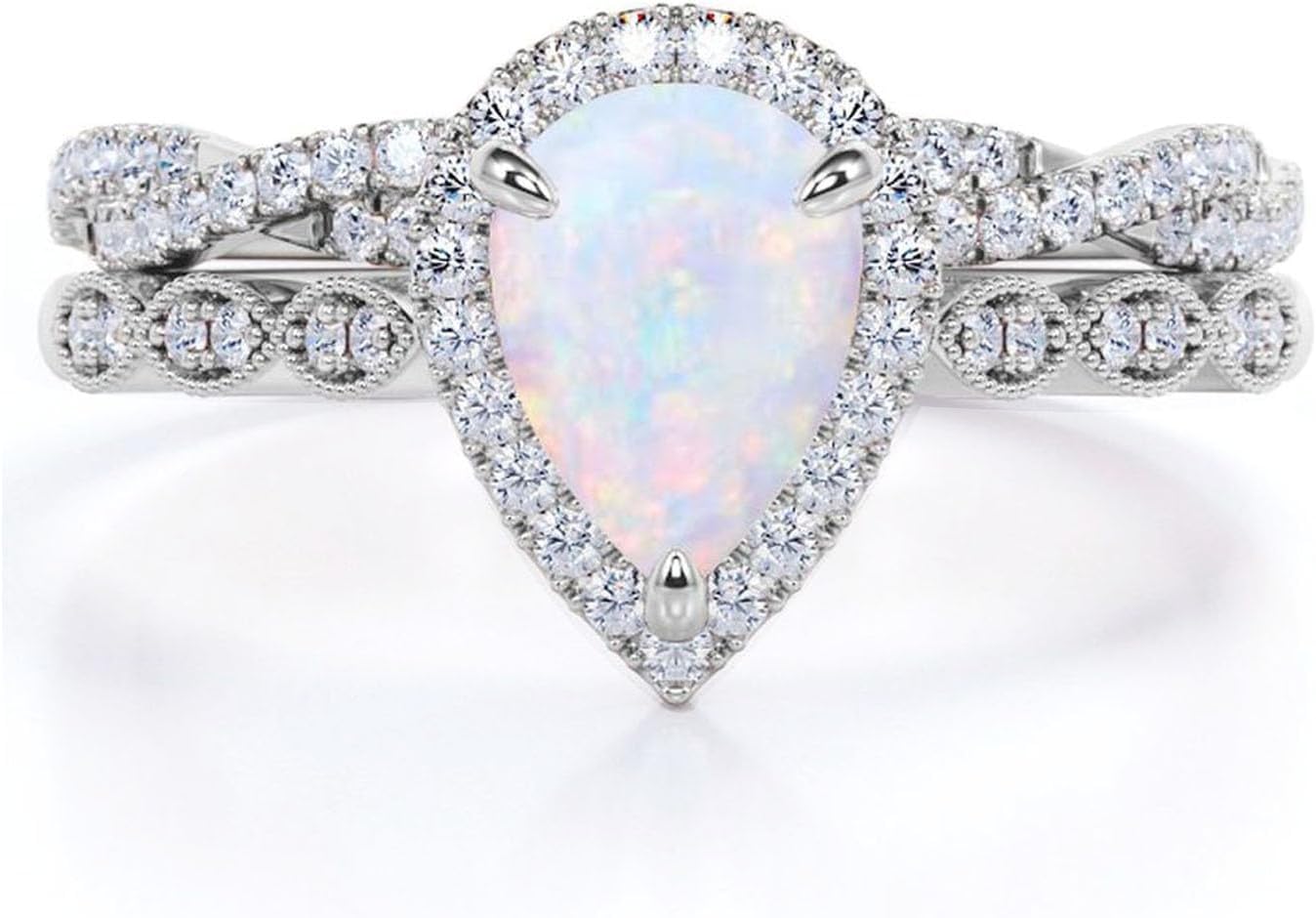 Luxury Wedding Ring Sets for Women Pear 1CT Opal White Gold Plated S925 Sterling Silver Engagement Ring Wedding Band