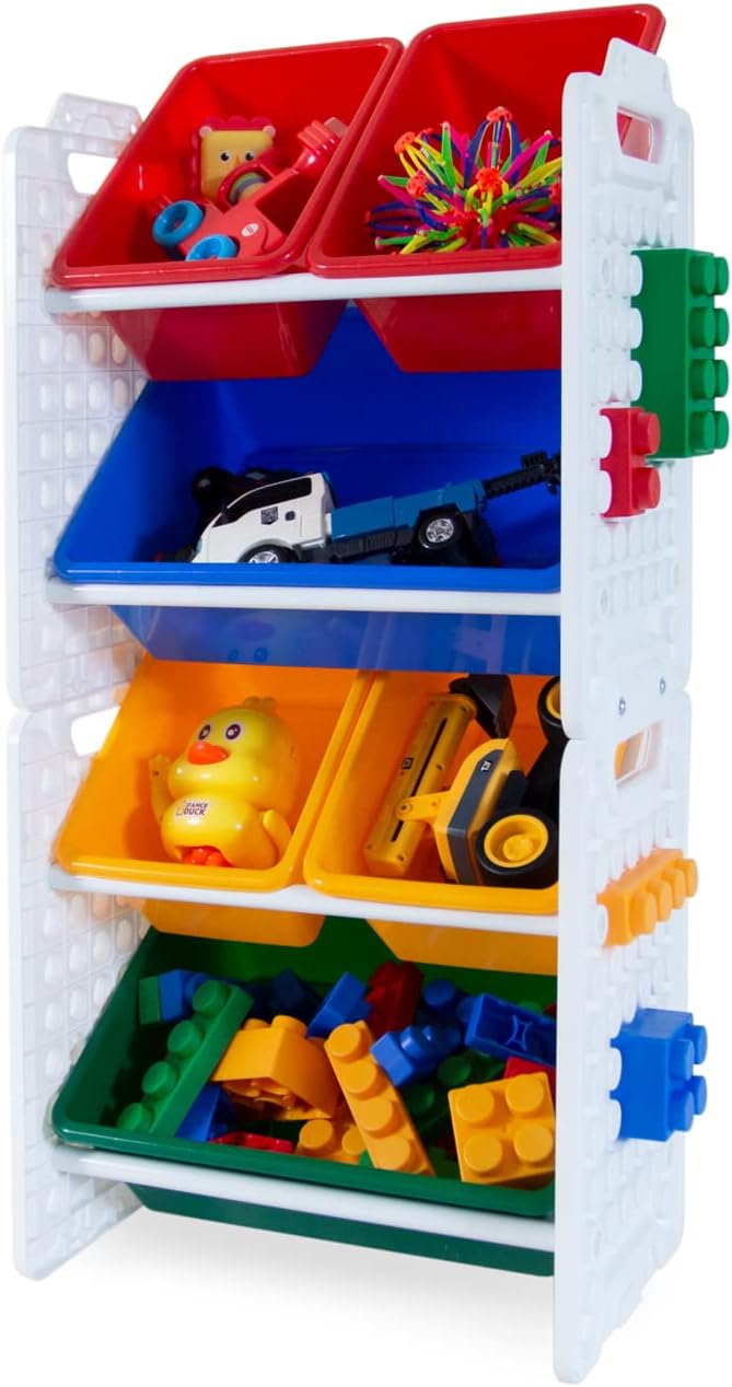 UNiPLAYToy Organizer with 6 Removable Storage Bins, Multi-Bin Organizer for Books, Building Blocks, School Materials, Toys with Baseplate Board Frame (Primary)