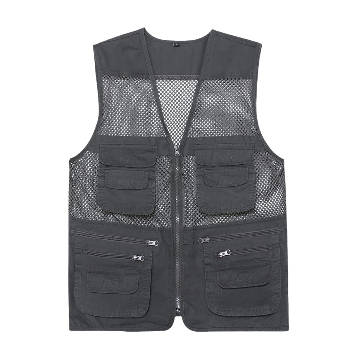 Chaleco de algodón suelto casual para hombre, chaqueta sin mangas con cremallera de malla con cuello en V, chaleco de primavera y verano con muchos bolsillos
