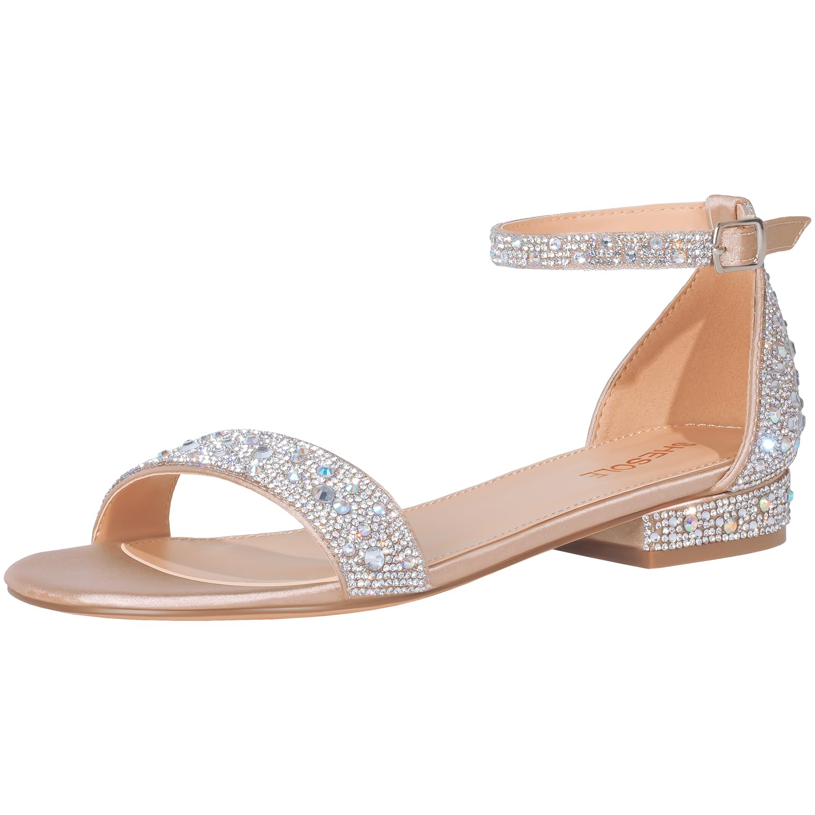 SheSole Women's Rhinestone Low Block Heel Sandals Sparkly Ankle Strap Sandal Bridal Wedding Dress Shoes Silver Gold White