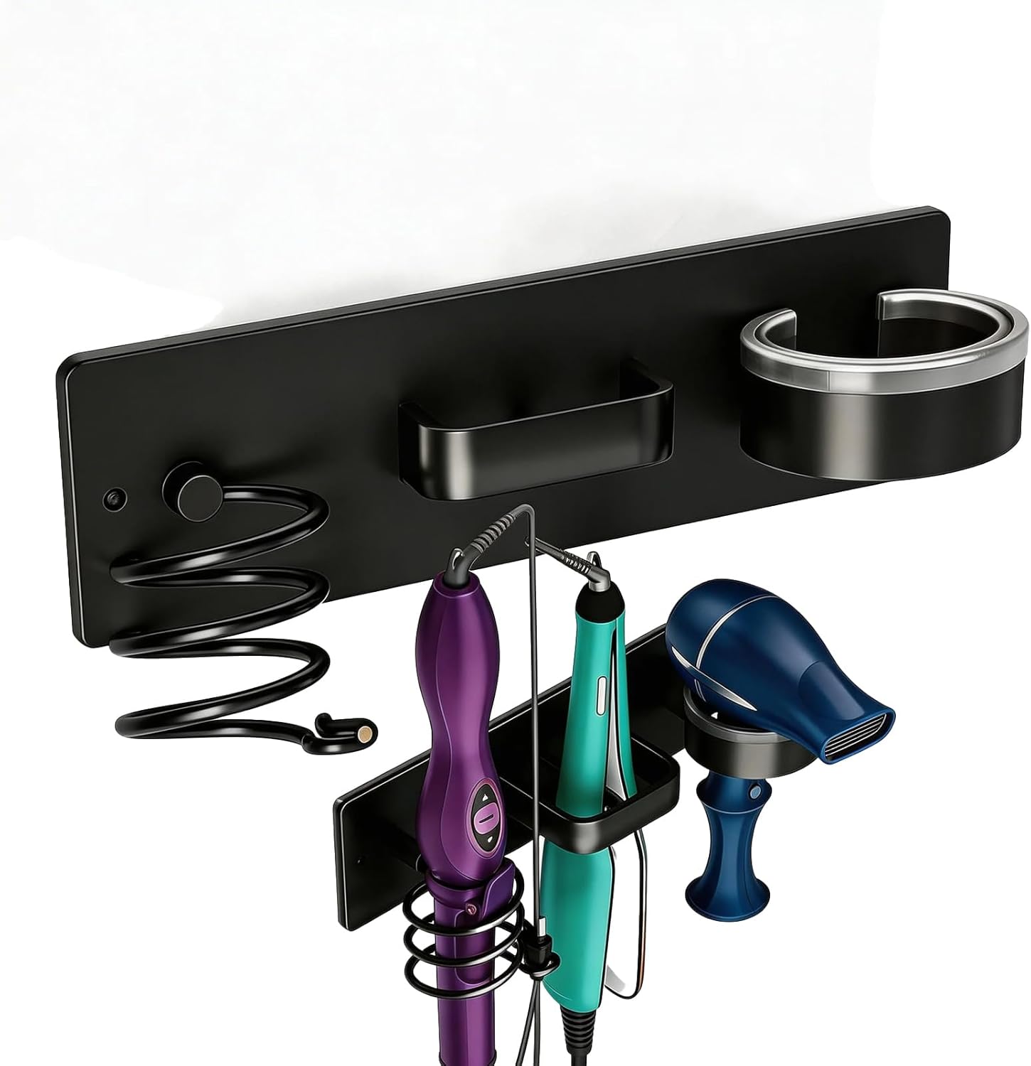 Wall Mounted Hair Tool Organizer, Hair Dryer Holder with Storage Compartment, Bathroom Hair Styling Tool Holder for Hair Dryer, Curling Iron, Straightener, No Drill