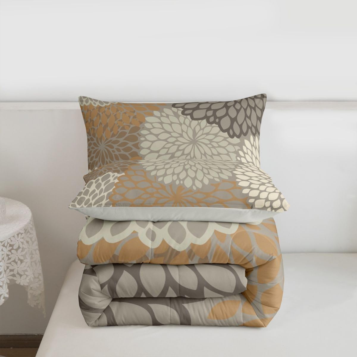 Erosebridal Aztec Dahlia Comforter Set for Adult Women Girls, Queen Bedding Set Mexican National Flower Duvet Insert Luxury Boho Flowers Quilted Duvet Bedroom Decor