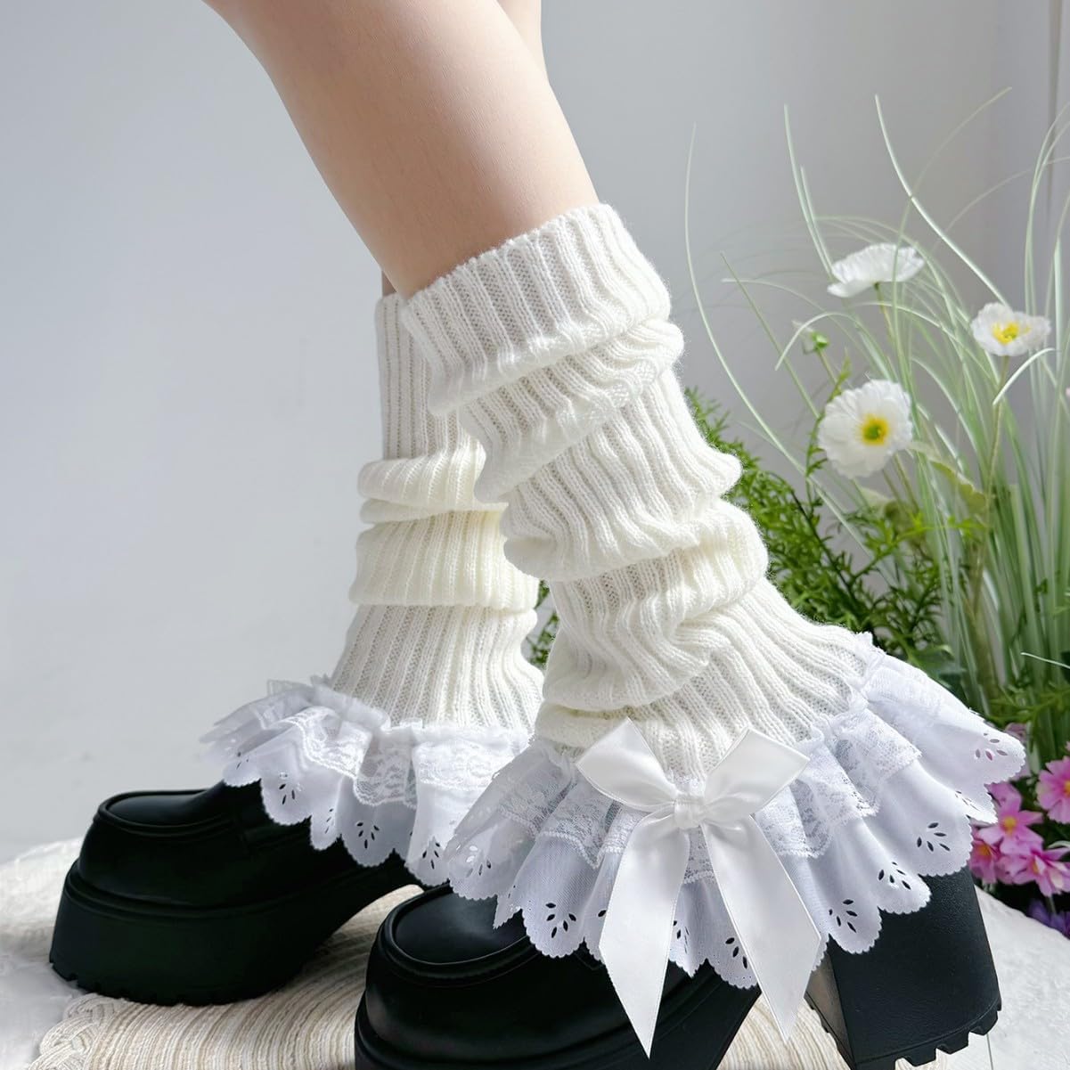 Fuzzy Leg Warmers for Women Girls Cute Bow Y2K Leg Sleeve Socks for Boots Winter White Soft Fluffy Ankle Wamers - Image 4