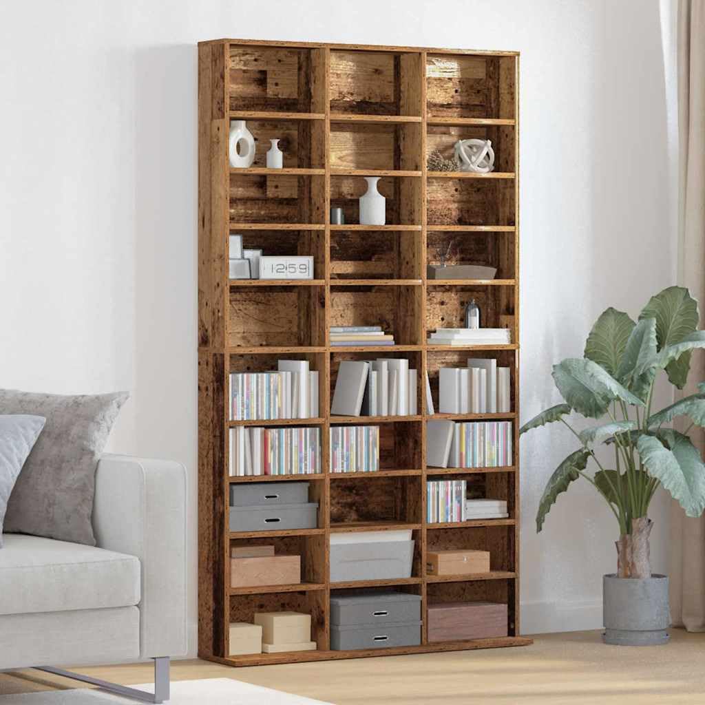 Regał na płyty CD, stare drewno z materiału drewnopochodnego, 101 x 23 x 177,5 cm, 30 półek na płyty, jako szafka na media, regał HiFi, szafka pod telewizor, kredens do salonu, kina domowego