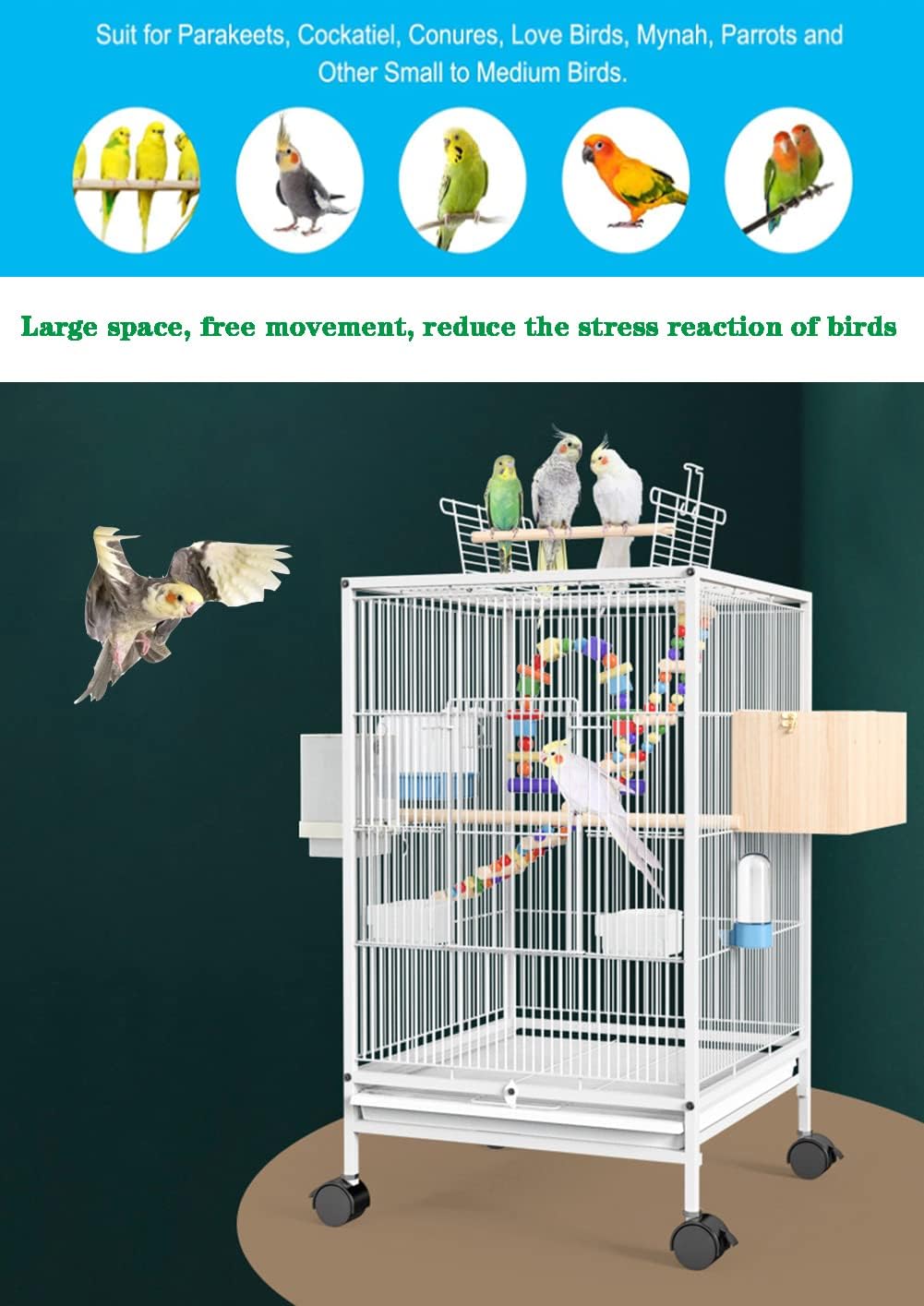 Lyfreen 33.8" Iron Bird Cage with Play Top Rolling Stand,Bird Toys,Breeding Box,Bird Bath,Bird Feeder Suitable for Budgerigar,Parakeet,Conure, Cockatiel,Finches and Medium Small Birds White