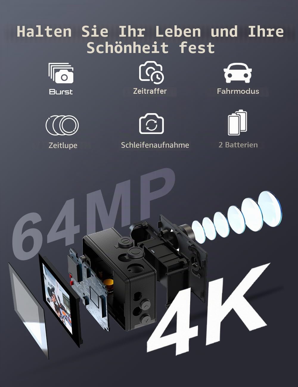 Apexcam M80Air Action Cam 4K60FPS 64MP Unterwasserkamera 40m Wasserdicht EIS Stabilisierung 8X Zoom WiFi Sportkamera mit Tasche 2.4G Fernbedienung 2x1350mAh Akkus mit Zubehör-Set