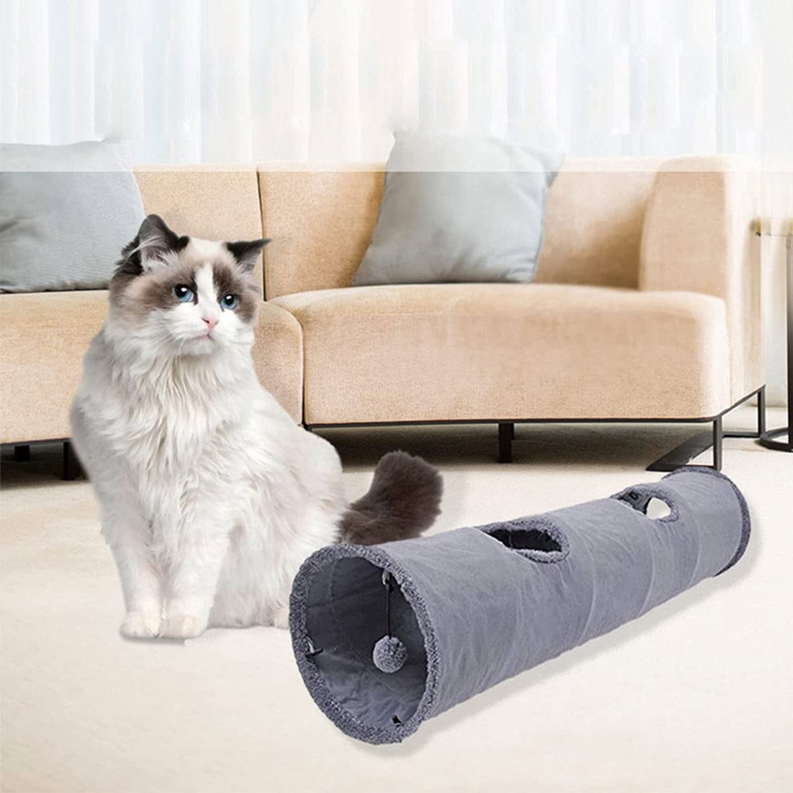 Tubo de túnel plegable para gatos con agujeros de mirada para aliviar el aburrimiento para interiores para C