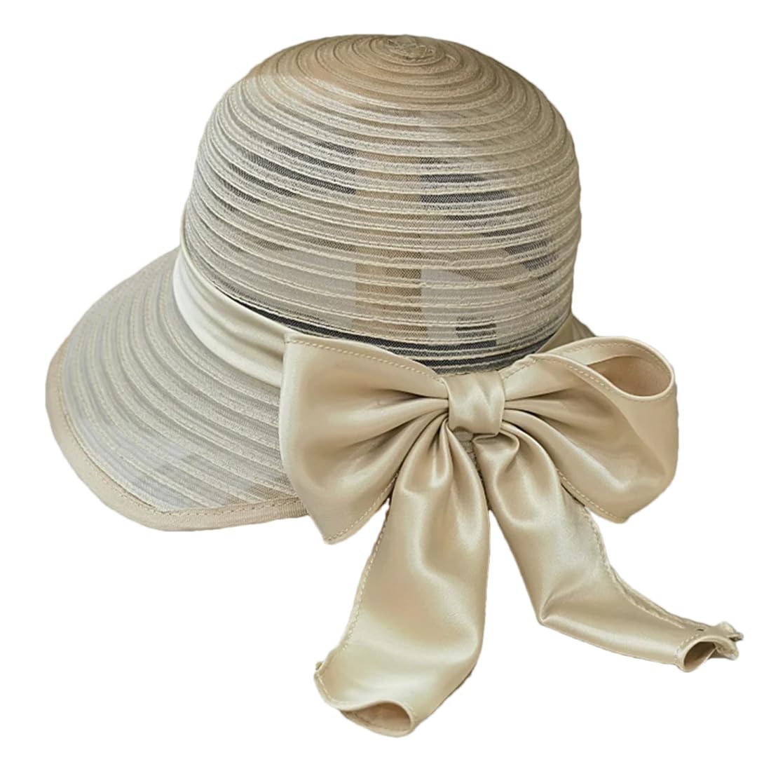 Yeuyyben Elegante cappello estivo con fiocco con fiocco a tesa larga per donna cappello da spiaggia da chiesa