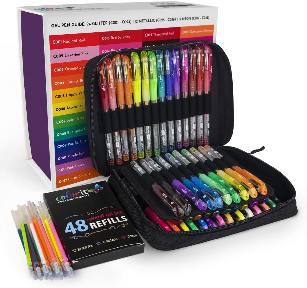 ColorIt Gel Pens for Adult Coloring Books - Premium Ink Gel Pens Set with Case Includes 48 Artist Quality Coloring Pens: 24 Glitter, 12 Metallic, 12 Neon Plus 48 Matching Refills for 96 Total Pieces