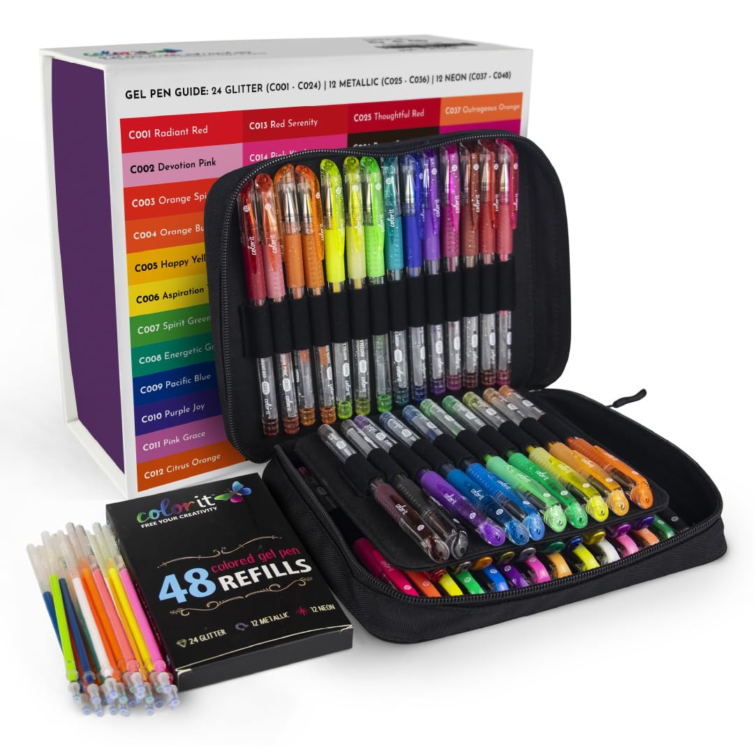ColorIt Gel Pens for Adult Coloring – 96 Pack with 48 Premium Gel Pens & 48 Refills with 1 Travel Case - Vibrant Colors for Journaling, Writing, Coloring Books for Adults, and Creative Projects