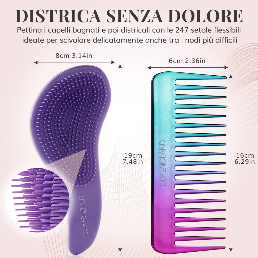 Lily England Set di spazzola districante e pettine per capelli, spazzola per capelli leggera e pettine a denti larghi per donne, spazzola districante liscia e pettine per capelli ricci, Sirena