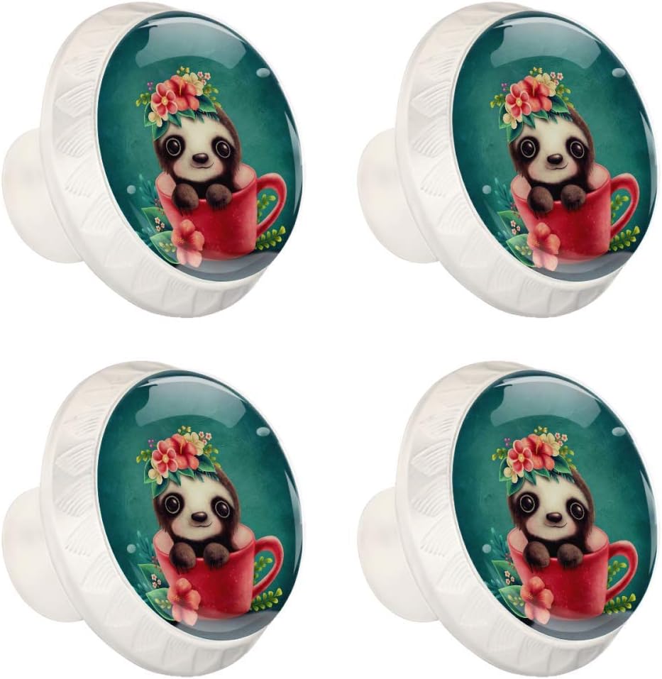 Cute Sloth with Wreaths in a Cup Illustration Drawer Knob Pull Handle Crystal Glass Circle Shape Cabinet Drawer Pulls Cupboard Knobs with Screws for Home Office Cabinet Cupboard 4 Pieces