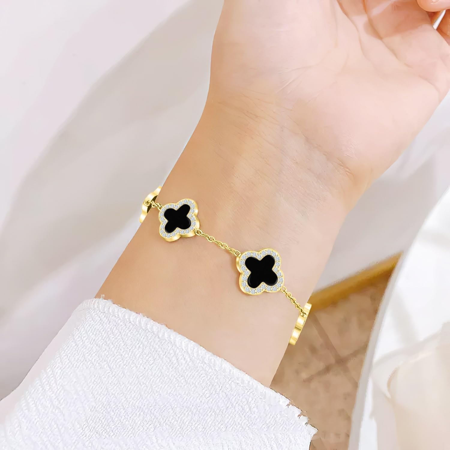 SHINYY Four Leaf Clover Bracelet for Women | 18K Gold Plated Cubic Zirconia Link Bracelet | 4 Leaf Lucky Jewelry Gift for Her - Image 2