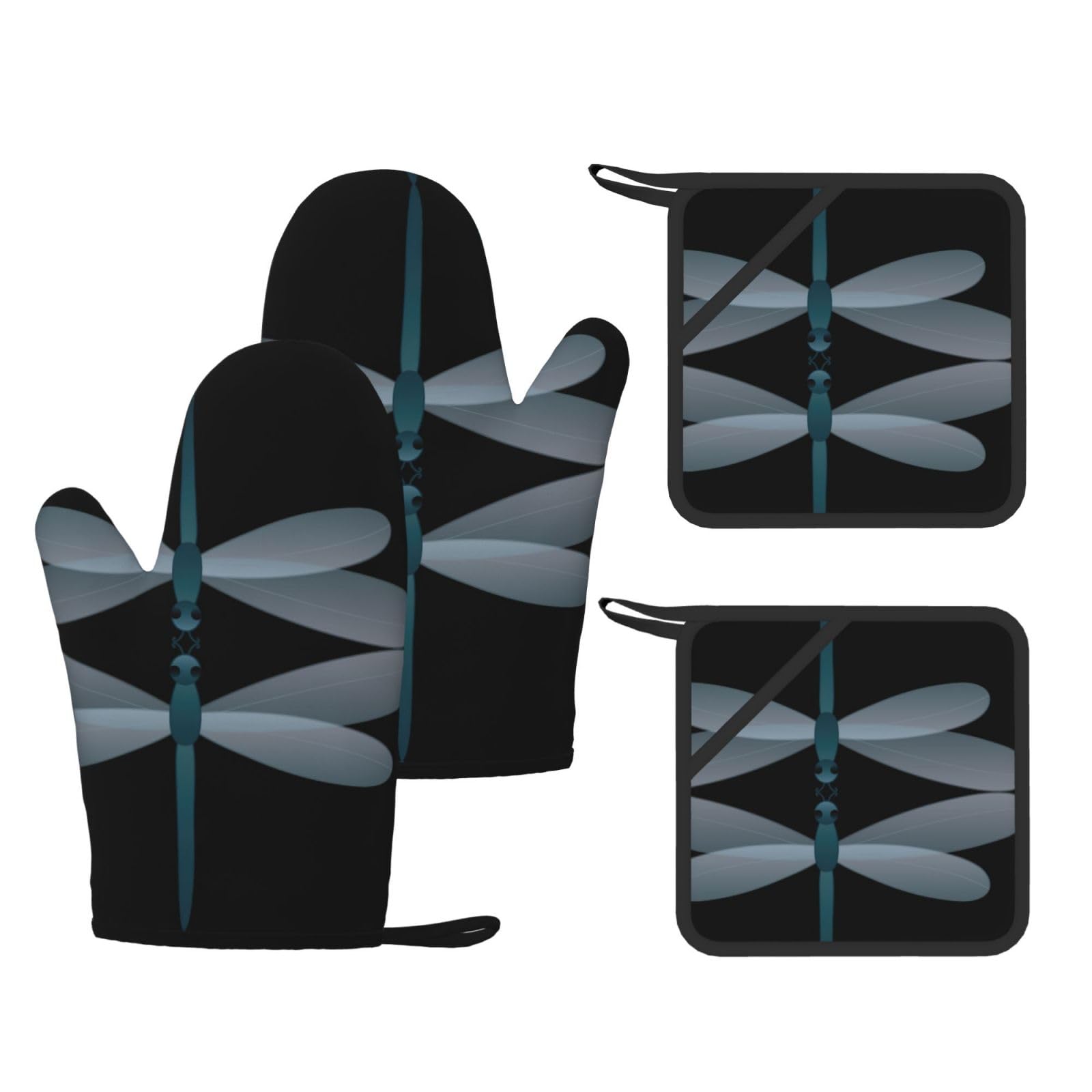 Eeprty Black Dragonfly Printed Kitchen Oven Gloves And Potholder 4 Pcs, Non-Slip Heat Resistant Mitts For Baking Chef