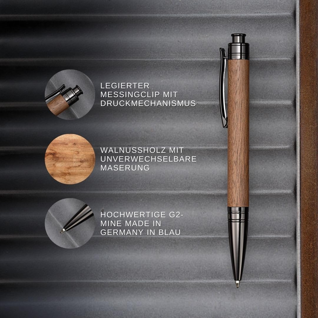 Hörner Boscus Design Kugelschreiber I Walnussholz I Blaue Tinte I Strichstärke M 1 mm I Druckkugelschreiber I Hochwertiges Etui mit Holzkugelschreiber I Stift für Männer und Frauen