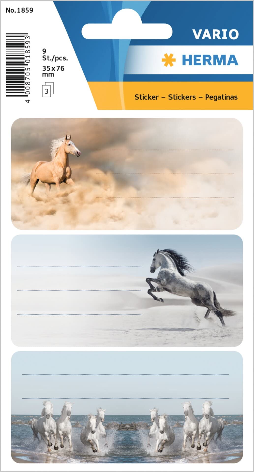 HERMA 1859 Book Labels for Labelling, Horses (76 x 35 mm, 9 Name Stickers, Paper, Matte) Self-Adhesive, Permanent Adhesive School Labels for Books, Notebooks, Boxes, Household, Colourful