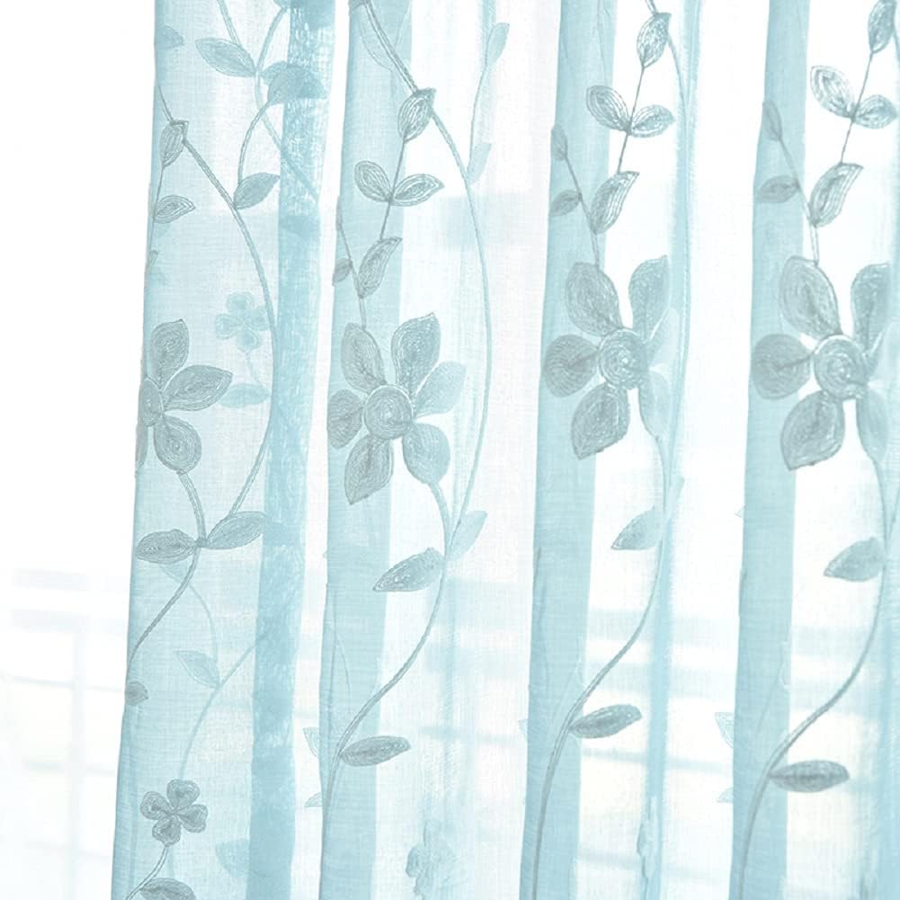 HooHero Blue Natural Voile 54 Width Sheer Curtains Window Treatments Exquisite Flower Embroidered Window Tulle for Nursery Kids Room Bedroom