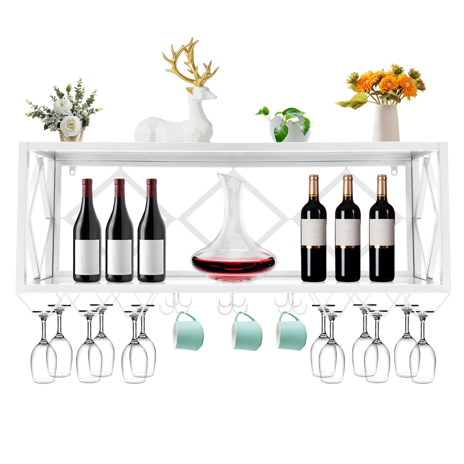TREMENPOW Wall Mounted Wine Rack Bottle & Glass Holder Multifunctional Iron Wine Bottle Glass Floating Shelves with Partitions Plants Photos Wine Goblet Display Storage Holder for Kitchen Dining Bar