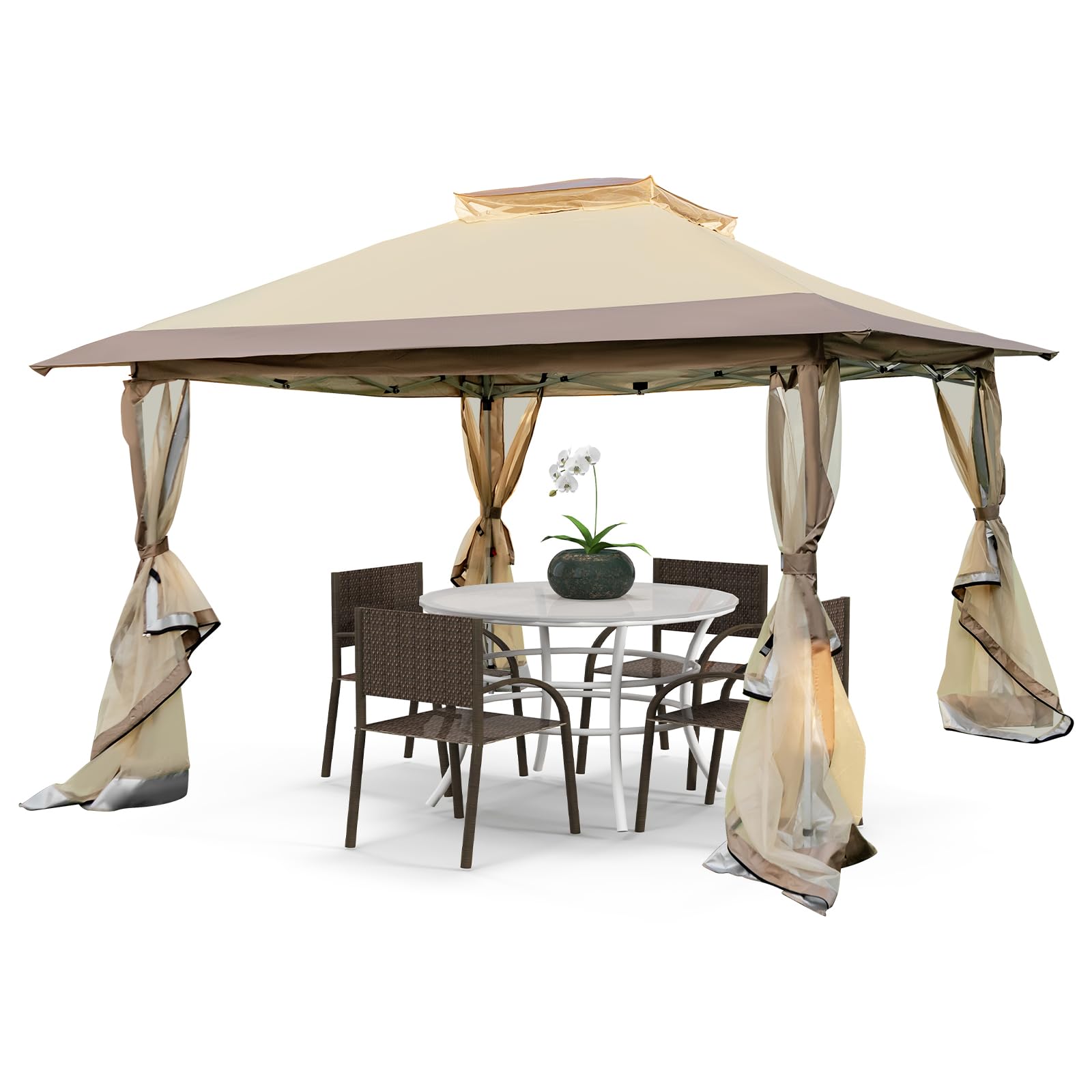 HOMASIS Gazebo Pieghevole con Tetto Doppio 3,6 x 3,6 m, Gazebo Esterno Resistente, Gazebo da Giardino in Altezza Regolabile con Cavi Anti-Vento/Sacchi di Sabbia/Borsa con Ruote, Cachi (Stile 1)
