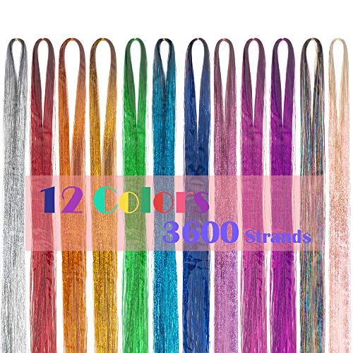 Tinsel Sparkling Shiny Hairpiece 12 Colored Hair Party Highlight Multicolor Synthetic Rainbow Hairpiece 3600 Strands Mermaid Fairy Hair 47 Inches 12 Packs