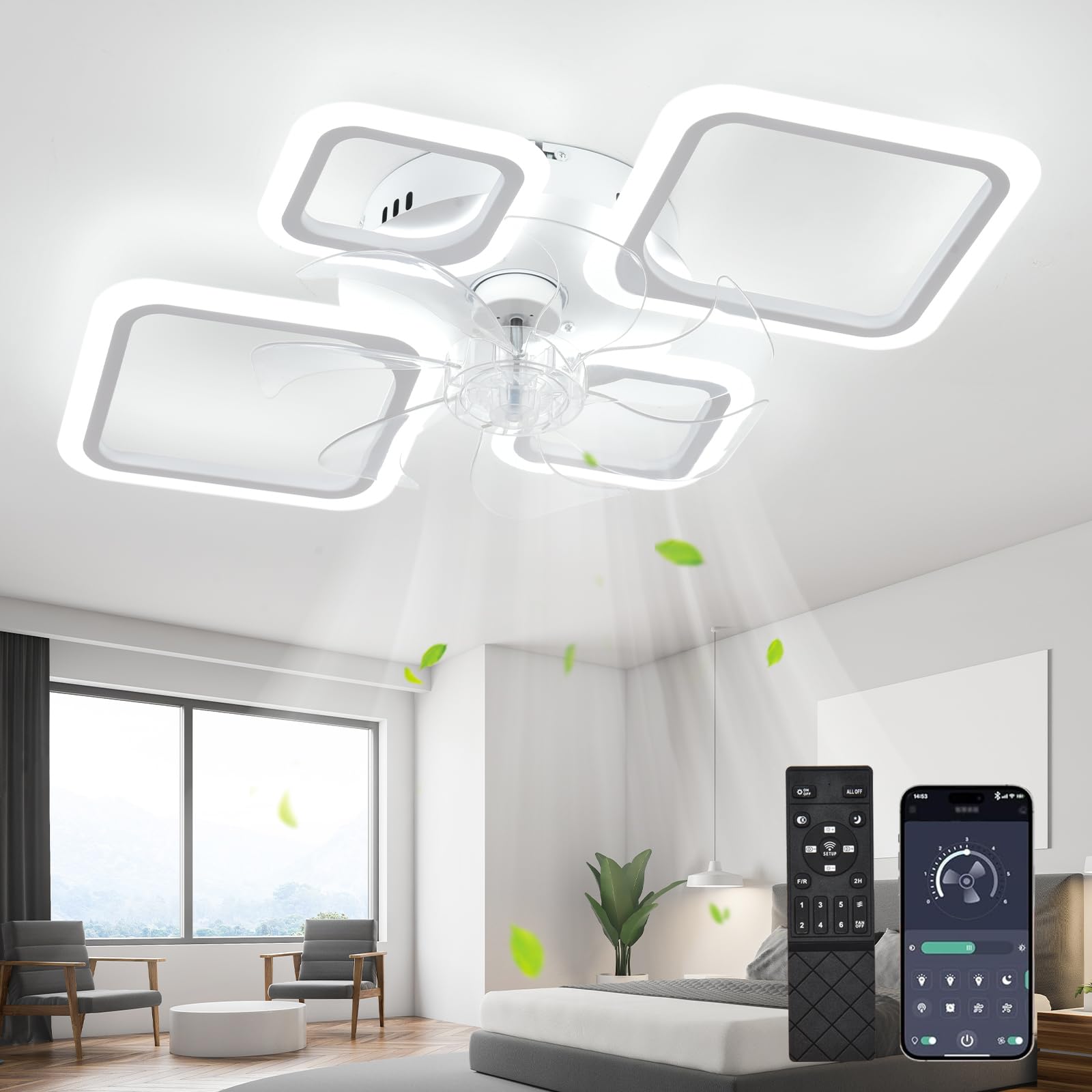 MiiR Deckenventilator Mit Beleuchtung,65W Deckenlampe Mit Ventilator Und Fernbedienung,Dimmbar Lampe Mit Ventilator,6-Gang,Speicherfunktion Deckenventilator Mit Licht Für Schlafzimmer Wohnzimmer,Weiß