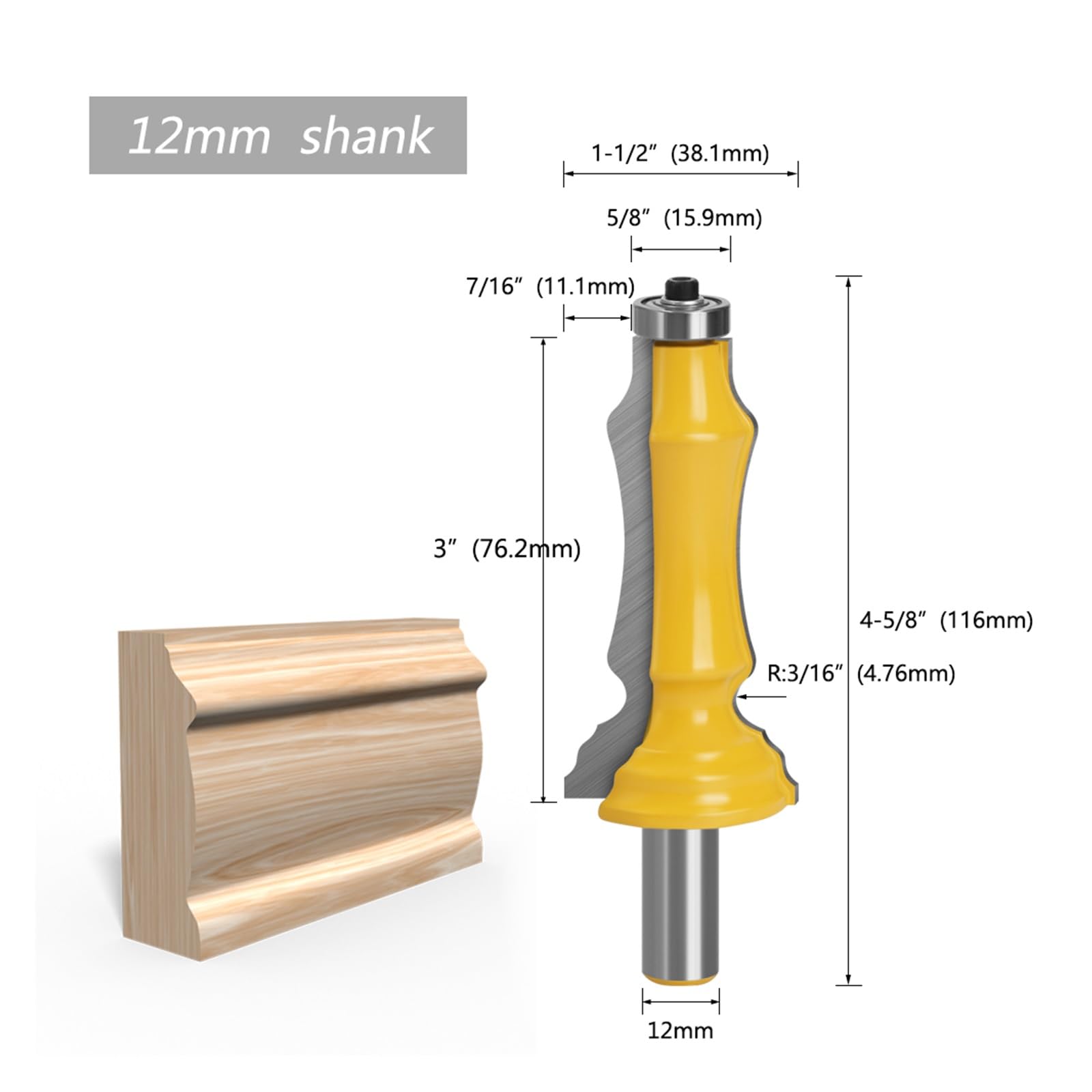 Fresa for Carpintería, Vástago De 1/2 "y 12mm, for Puerta Y Ventana, Aleación De Tungsteno, 1 Ud.(12mm shank)