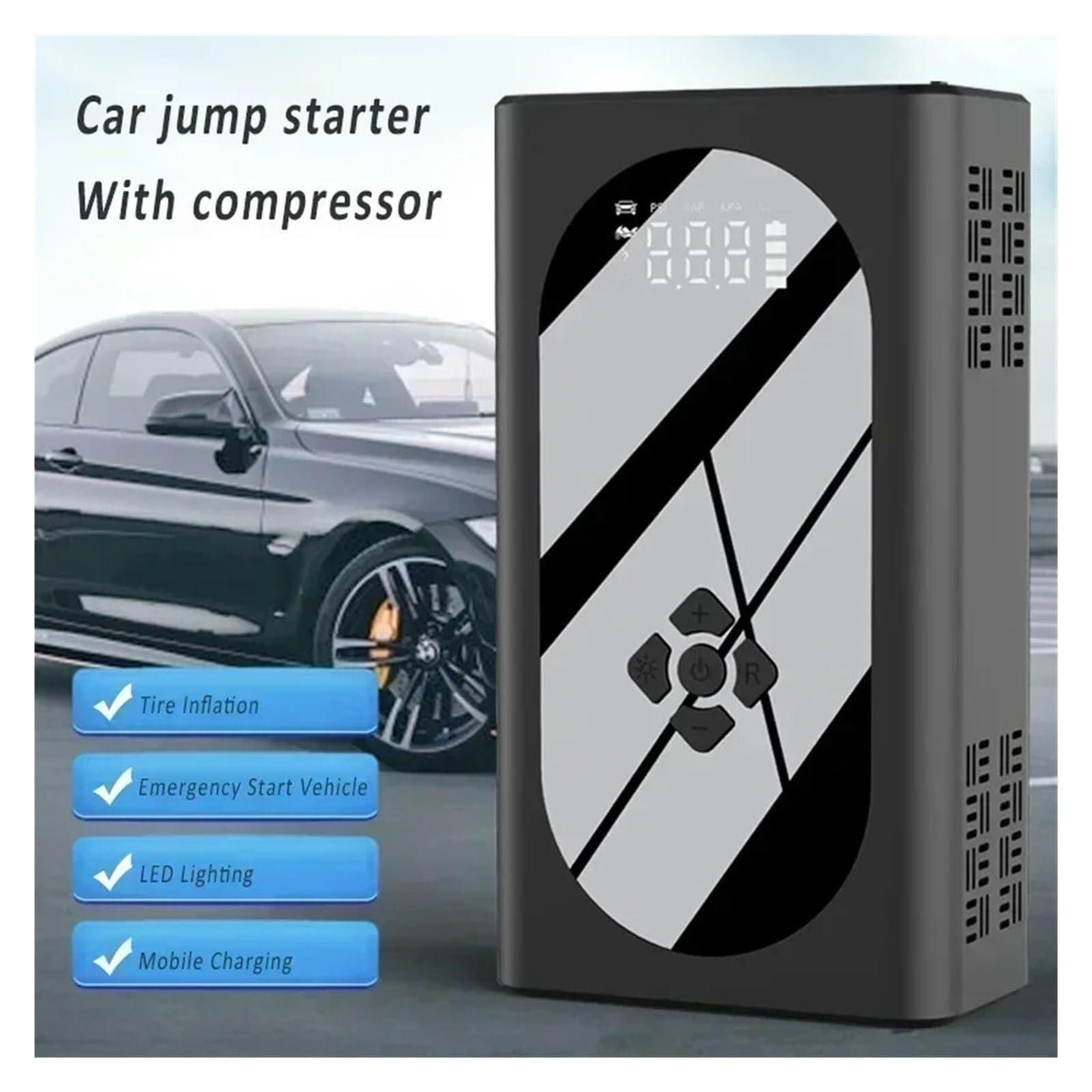 Démarreur de Secours avec compresseur d'air Portable 3000A pour Batterie de Voiture, avec Affichage LED 0110