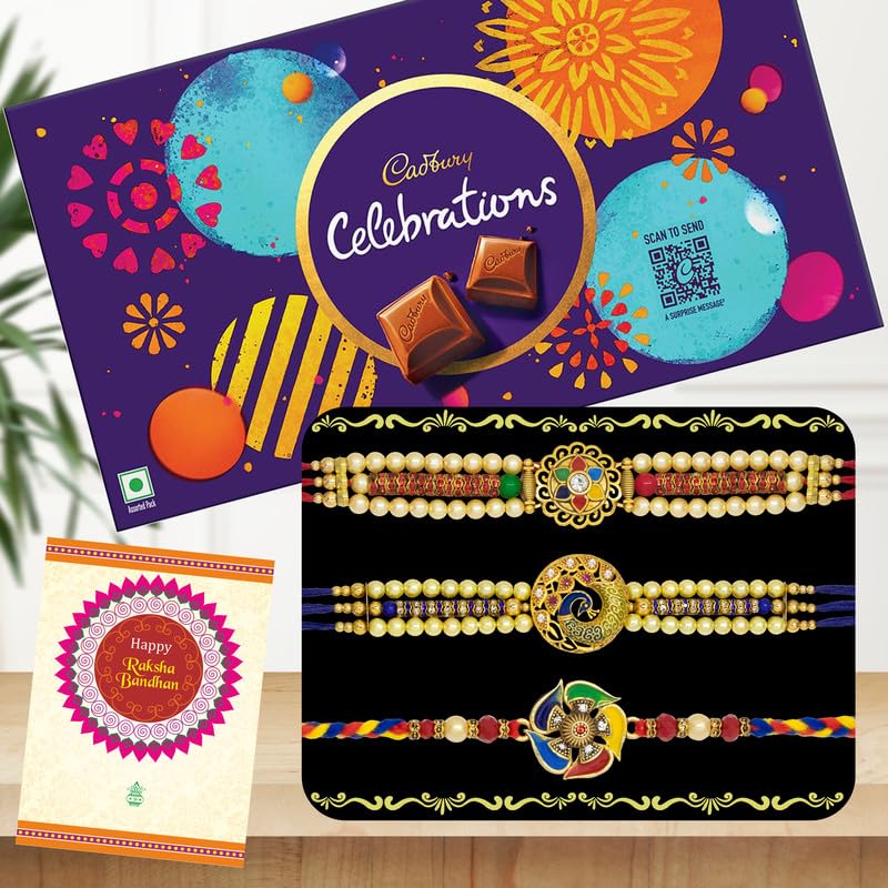 Image of Canton Rakhi With Chocolate Gift Combo, Pack of 3 Designer Rakhi For Brother With Chocolate Gift, Roli & Greeting Card (Design-8, Rakhi With Celebration)