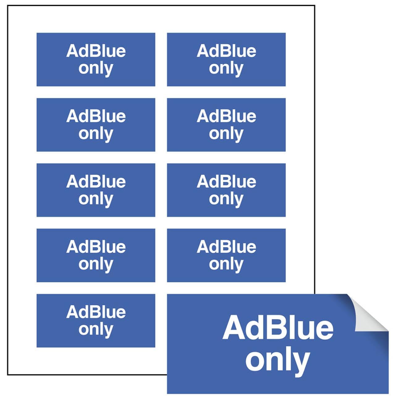 AdBlue only sheet of 10 self adhesive labels 40x18mm