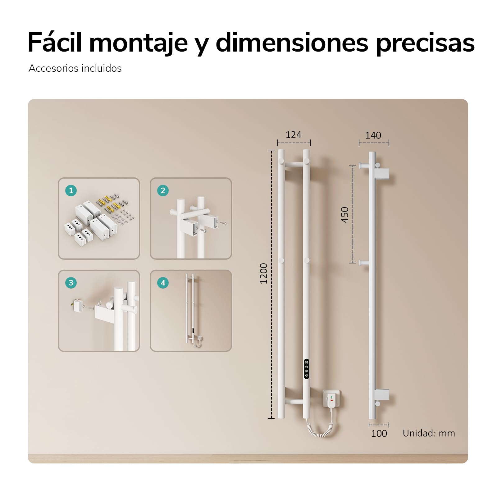 EMKE Toallero Eléctrico Inteligente Bajo Consumo, 120x12 cm,Blanco | Radiador Toallero WiFi de Fibra de Carbono, Termostato 30-70°C, Programable, de Pared,6 modos