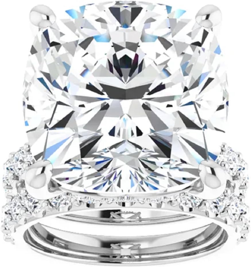 10K/14K/18K Solid White Gold Handmade Engagement Ring, 1CT-12CT Cushion Cut Moissanite Solitaire Ring, Diamond Wedding Ring Set for Women/Her, Anniversary/Propose Ring, VVS1