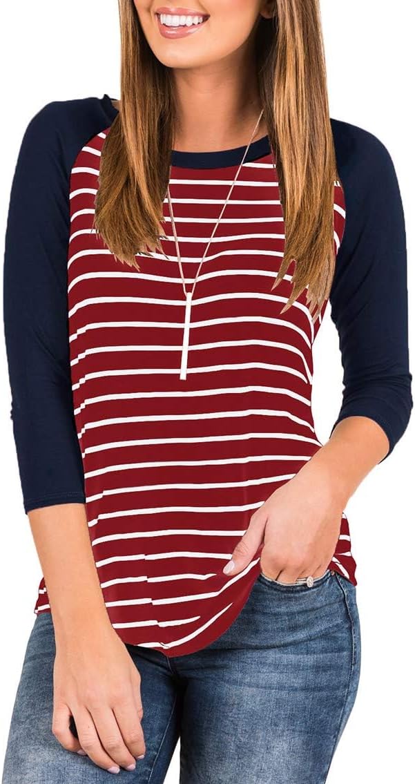 INFITTY Women's 3/4 Sleeve Raglan Striped T Shirt Baseball Tunic Tops Blouse