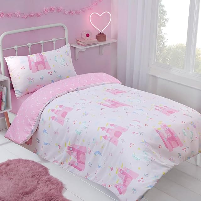 Sleepdown Magical Fairytale Kingdom Unicorn Pink White Butterflies Soft Easy Care Duvet Cover Quilt Bedding Set with Pillowcase - Single (135cm x 200cm)