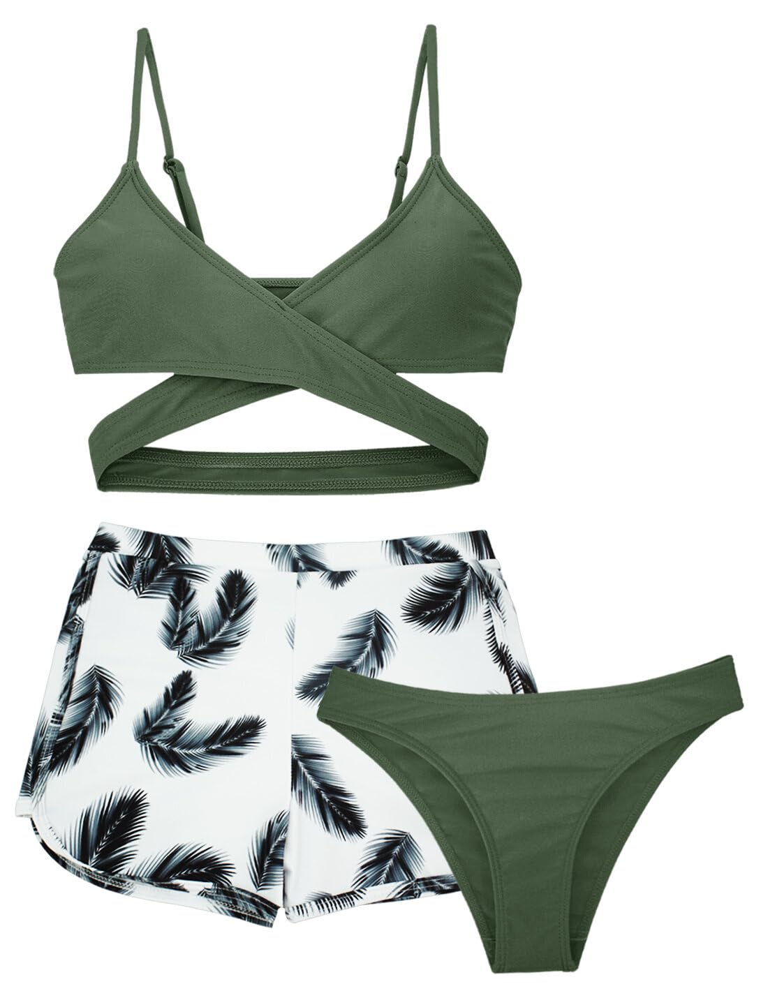 AIEOE Niñas 3 Piezas Bikini Traje de Baño de Estampado Tropical con Cover Up Shorts 8-14 Años