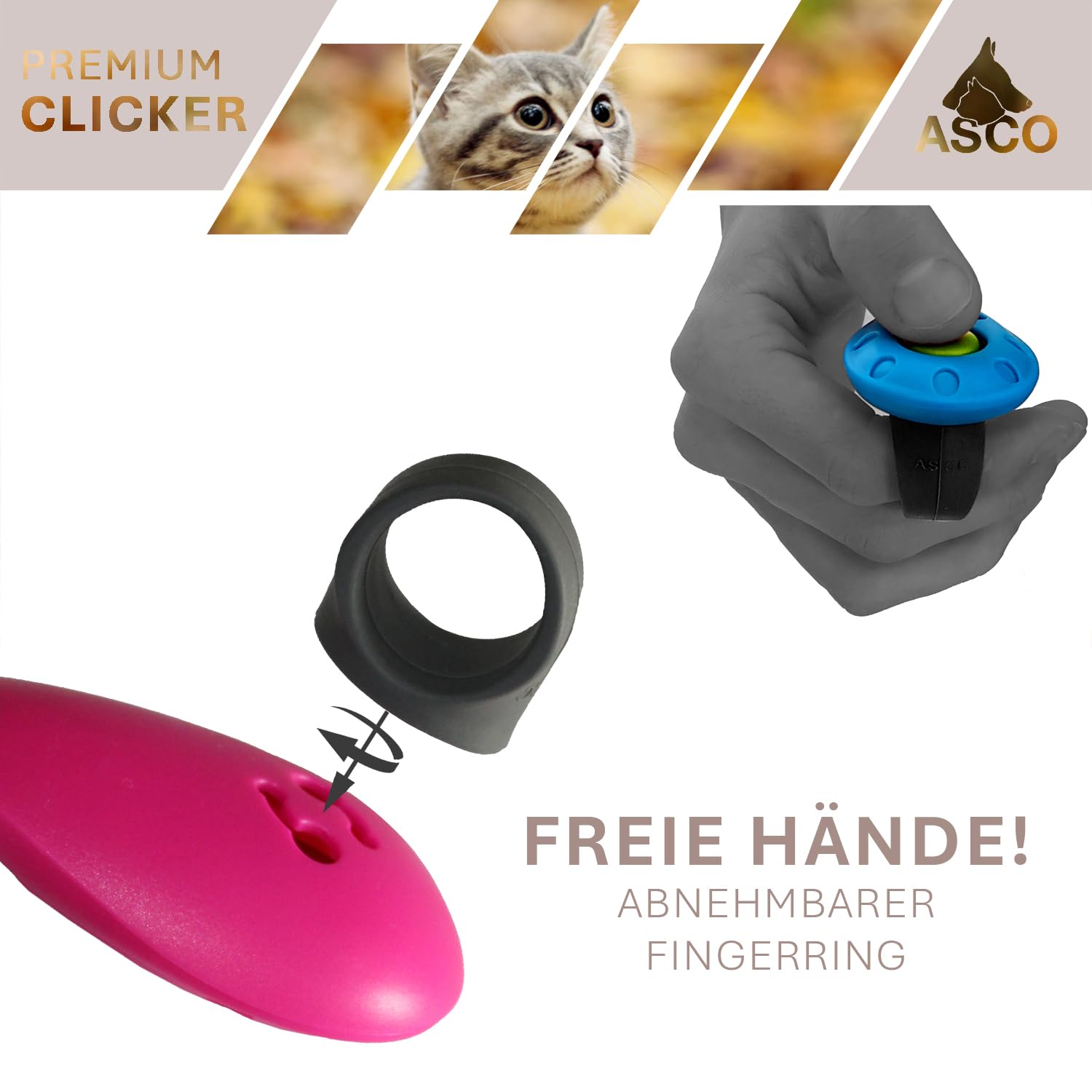 ASCO Clicker da Dito Premium con Cinturino da Polso Elasticizzato per clicker Training, clicker Professionale per Cani, Gatti e Cavalli, clicker per addestramento Cani, Nero AC01FA