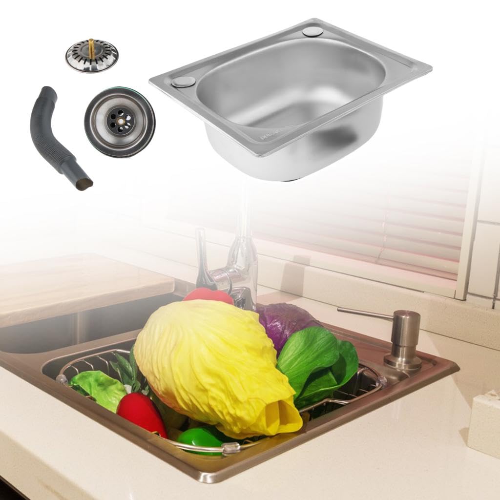 Évier de Cuisine à Encastrer 14,57inchx12,20inch Évier de lavabo rectangulaire 1 Bac, Evier Inox avec Filtre de Vidange, Argenté