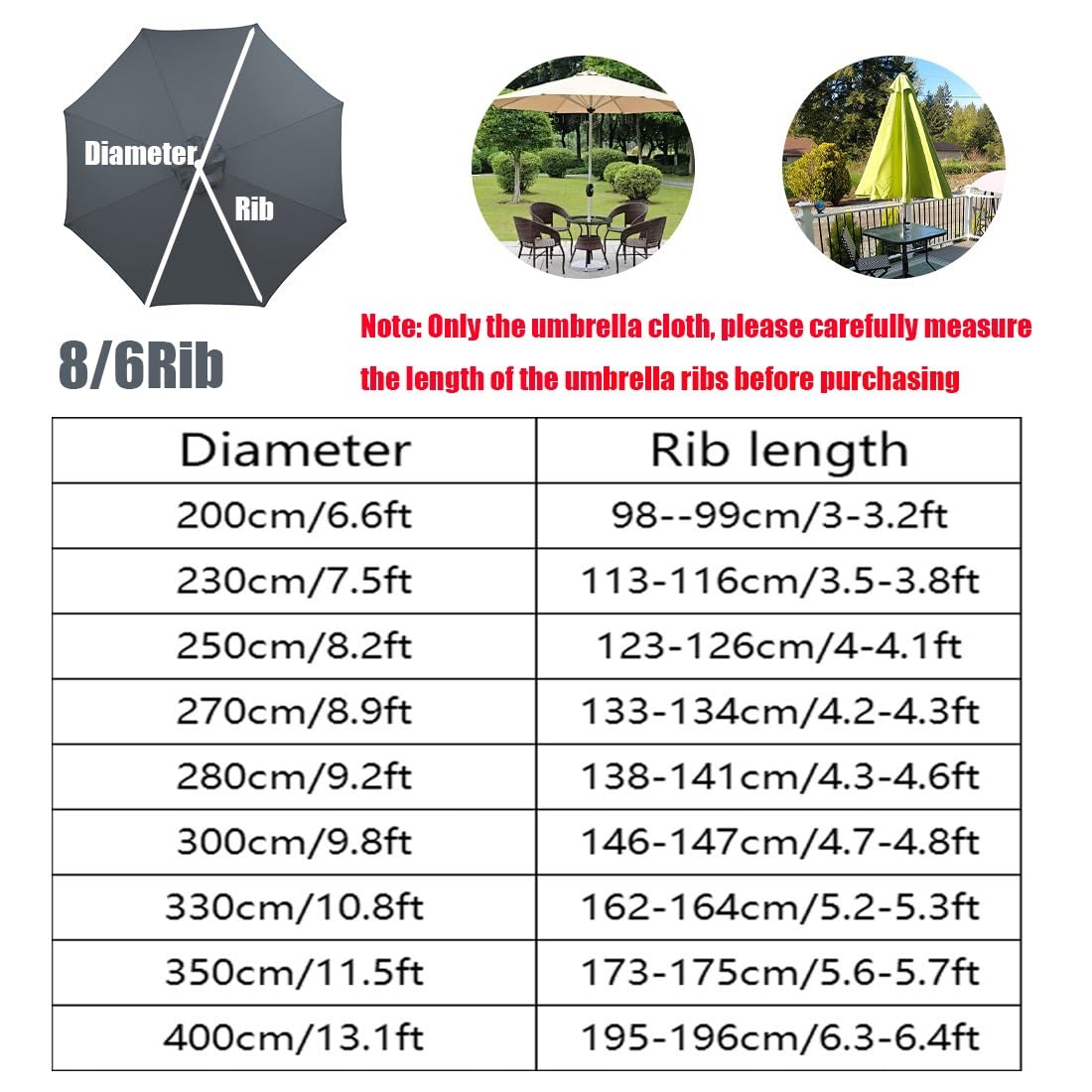 Générique Auvent de Rechange pour Parasol 200-400 cm pour 6/8 Baleines, Toile de Remplacement pour Parapluie de Table, Housses de Rechange pour Jardin, Résistante à la Décoloration, Noire