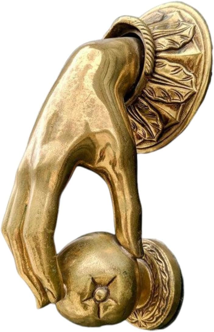 Brass Hand Door Knocker Vintage Style with Hand Holding Apple Design, Decorative Entryway Hardware for Front Doors, Brass Finish