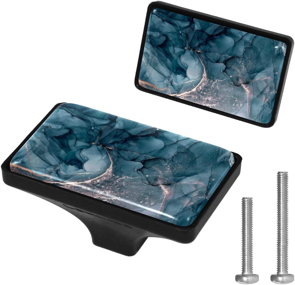LORVIES 4 Pack 1.65" Marble Decorative Cabinet Knobs, ABS Glass Short Rectangle Black, Dresser Drawer Door Handles Pulls for Home Kitchen Bedroom (Blue Grey Gold Texture)