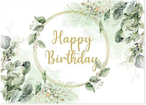 Yongqian 7x5ft Happy Birthday Theme Greenery Leaves Photography Backdrop for Birthday Party Decoration Green Eucalyptus Leaves Backdrop Newborn Baby Shower Photo Props
