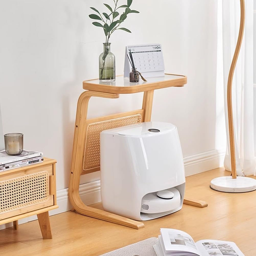 Dekoracyjny stojak na robota mobilnego, rustykalny, minimalistyczny stojak na odkurzacz i mop, szafkę na robota zamiatającego do salonu, rattanowy stolik boczny w stylu wiejskim