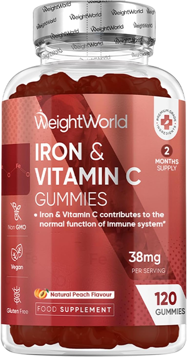 Iron Gummies with Vitamin C - 38mg per Serving - 120 Gummies - 2 Months Supply - Natural Peach Flavour - 2 per Day - Ferrous Fumarate Form - Vegan & Gluten-Free - Iron Supplements for Women & Men