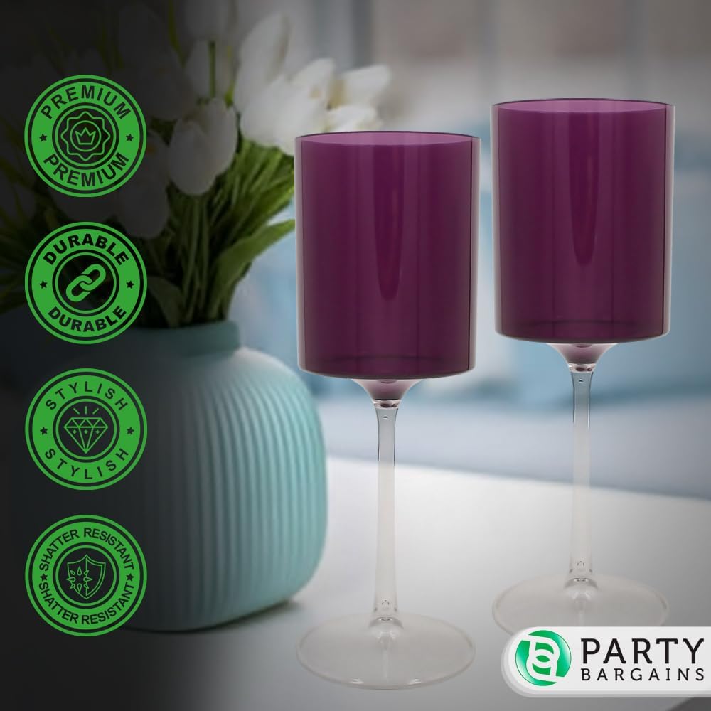 PARTY BARGAINS Plastic Wine Glasses 14 oz, Two-Tone Shatterproof Stemmed Party Cups for Weddings, Parties & Outdoor Entertaining, Purple & Clear, 10 Pack