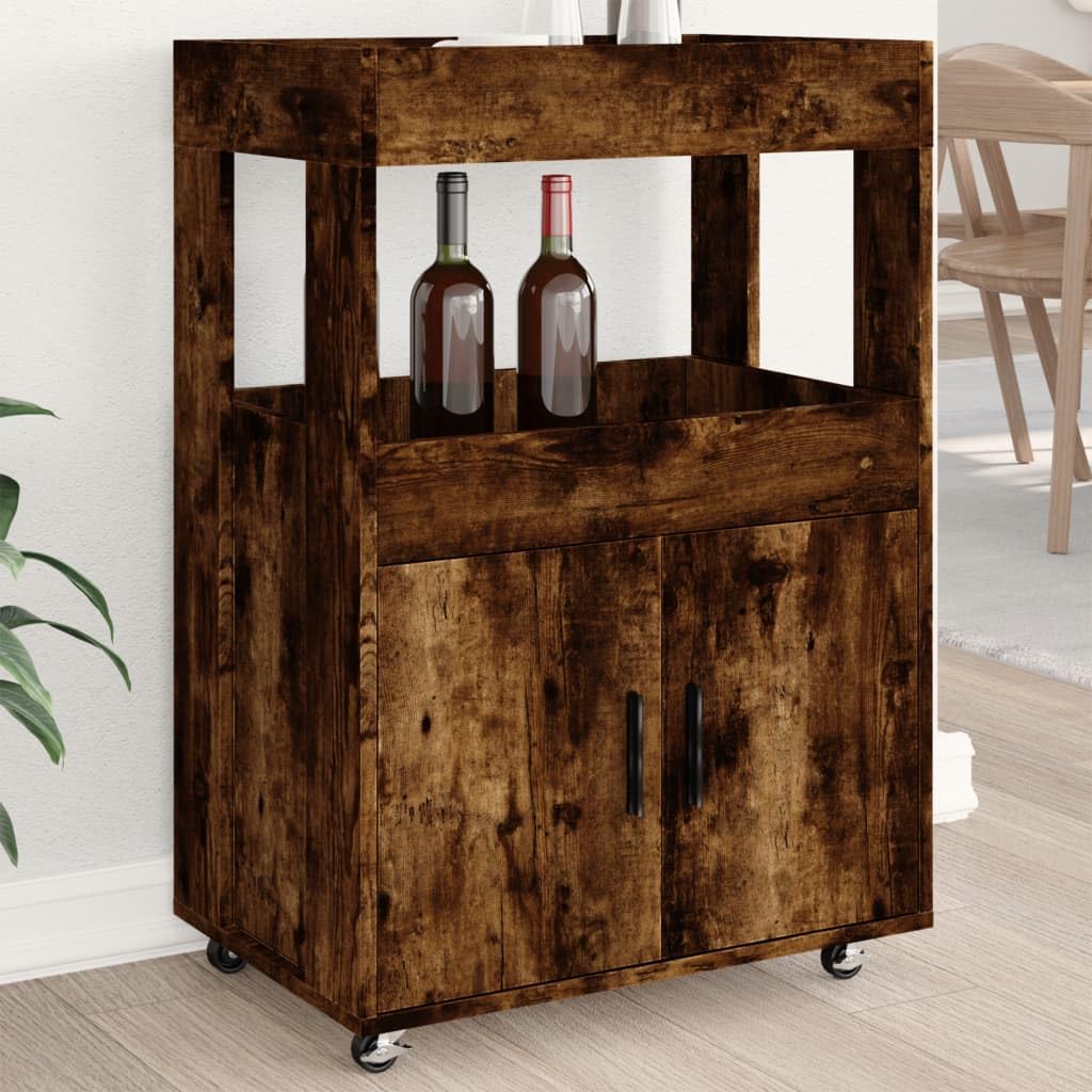 Chariot de bar en chêne fumé avec espace de rangement et roulettes de cuisine
