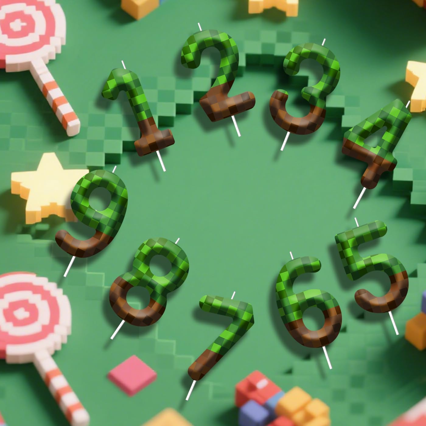 Pixel Birthday Candles, Miner Number 8 Candle Cake Topper for Birthday Party Cake Decoration, Reunions Theme Party Supplies