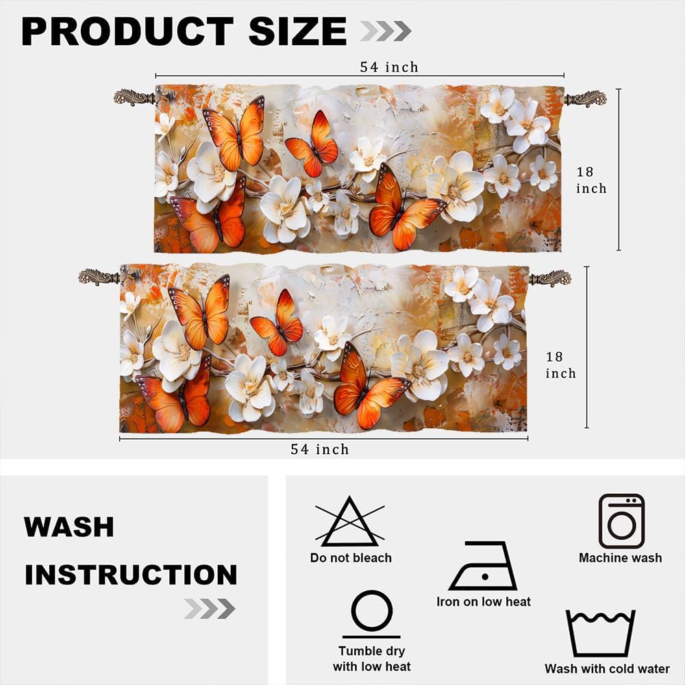 2 Panels Retro Butterfly Floral Valance for Windows, Novelty Animal Rod Pocket Valance Curtains Home Decor Window Treatment for Kitchen/Living Room, 54" X 18"