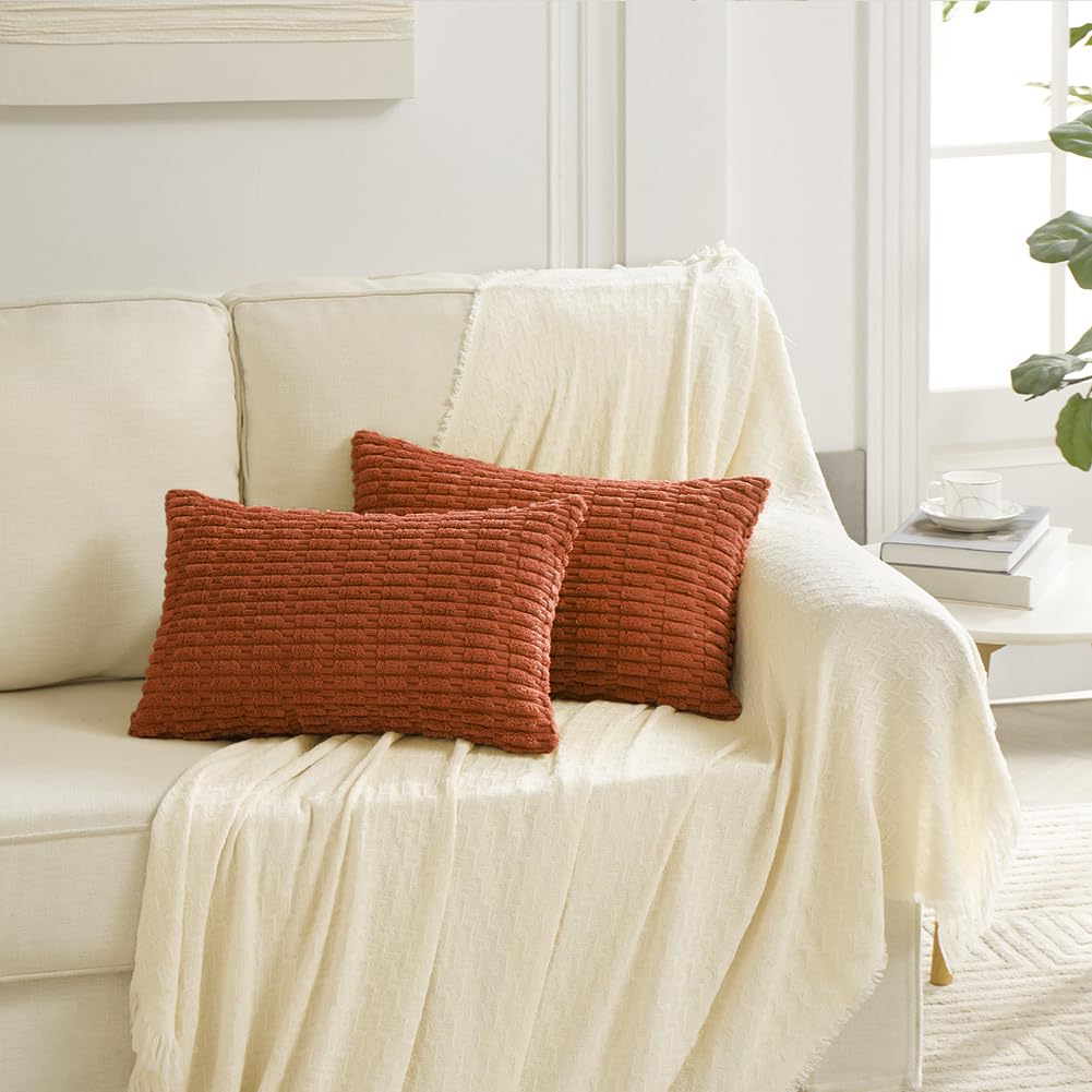 Fancy Homi Confezione da 2 federe decorative per cuscini lombari con pompon, in morbido velluto a coste a tinta unita, rettangolari, per divano, camera da letto, auto, soggiorno (30 x 50 cm